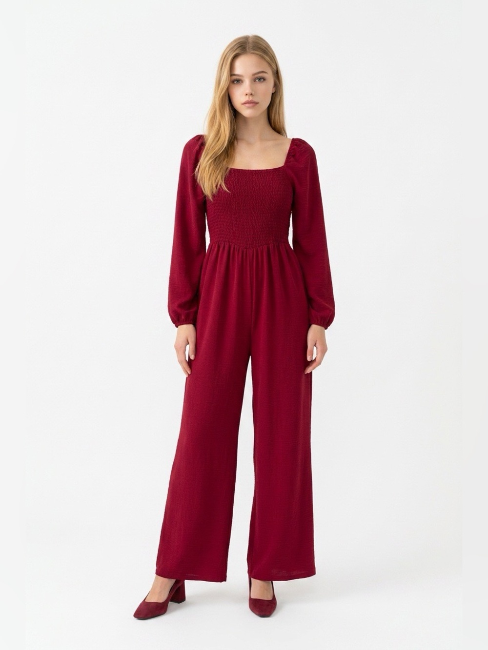 Women's Burgundy Smocked Jumpsuit